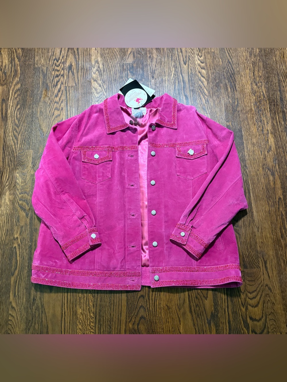 Quacker Factory pink leather suede jacket silver buttons and beaded details 2XL